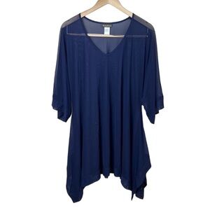 Tommy Bahama Swim cover‎ up dress tunic mesh sheer navy blue kimono sleeve